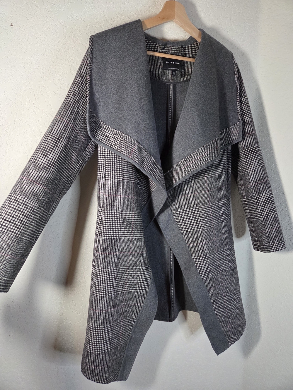 Lucky Brand Glen Plaid Waterfall Wool Blend Wrap Coat Gray Size XS - Picture 8 of 11